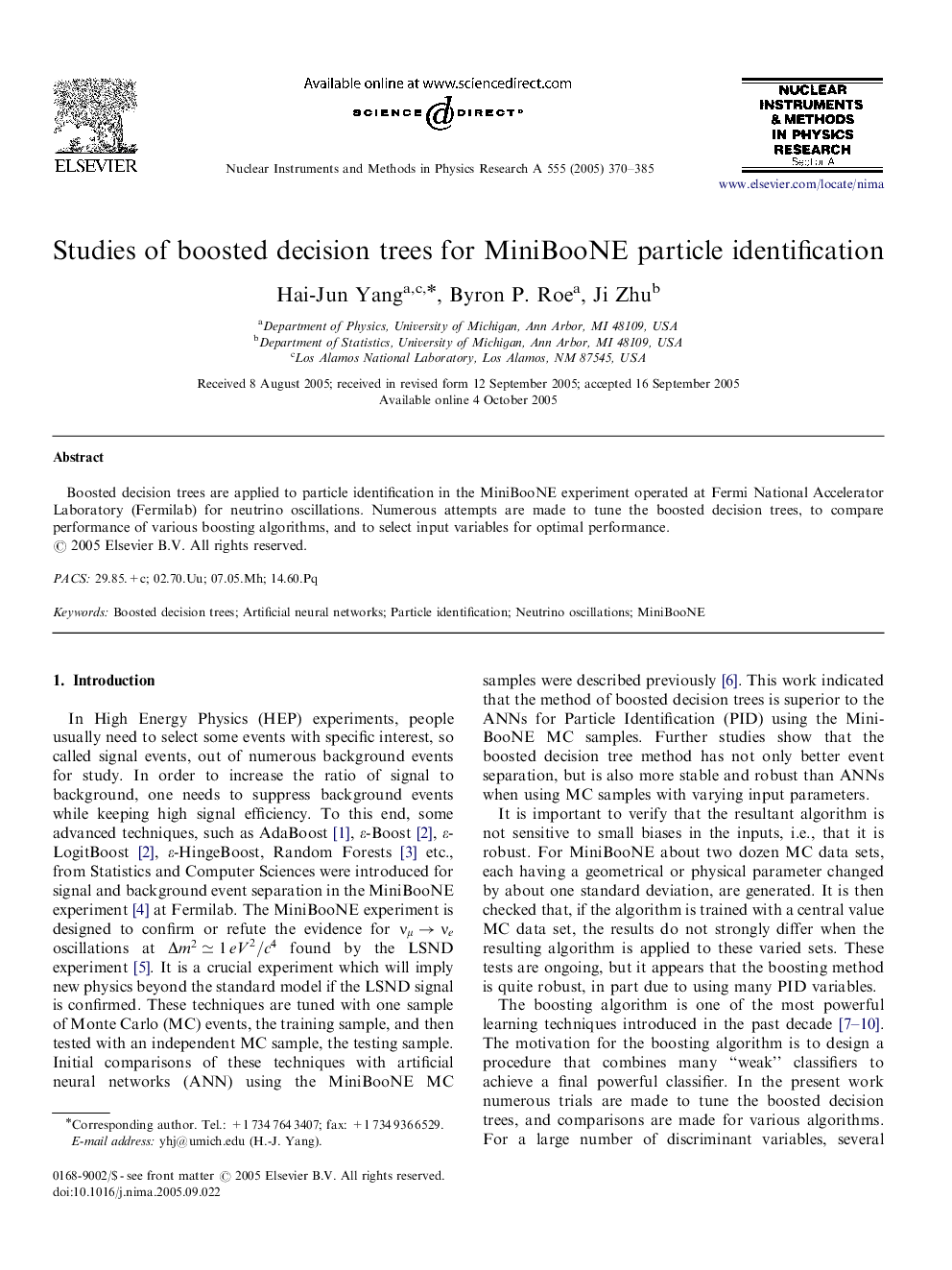 Studies of boosted decision trees for MiniBooNE particle identification