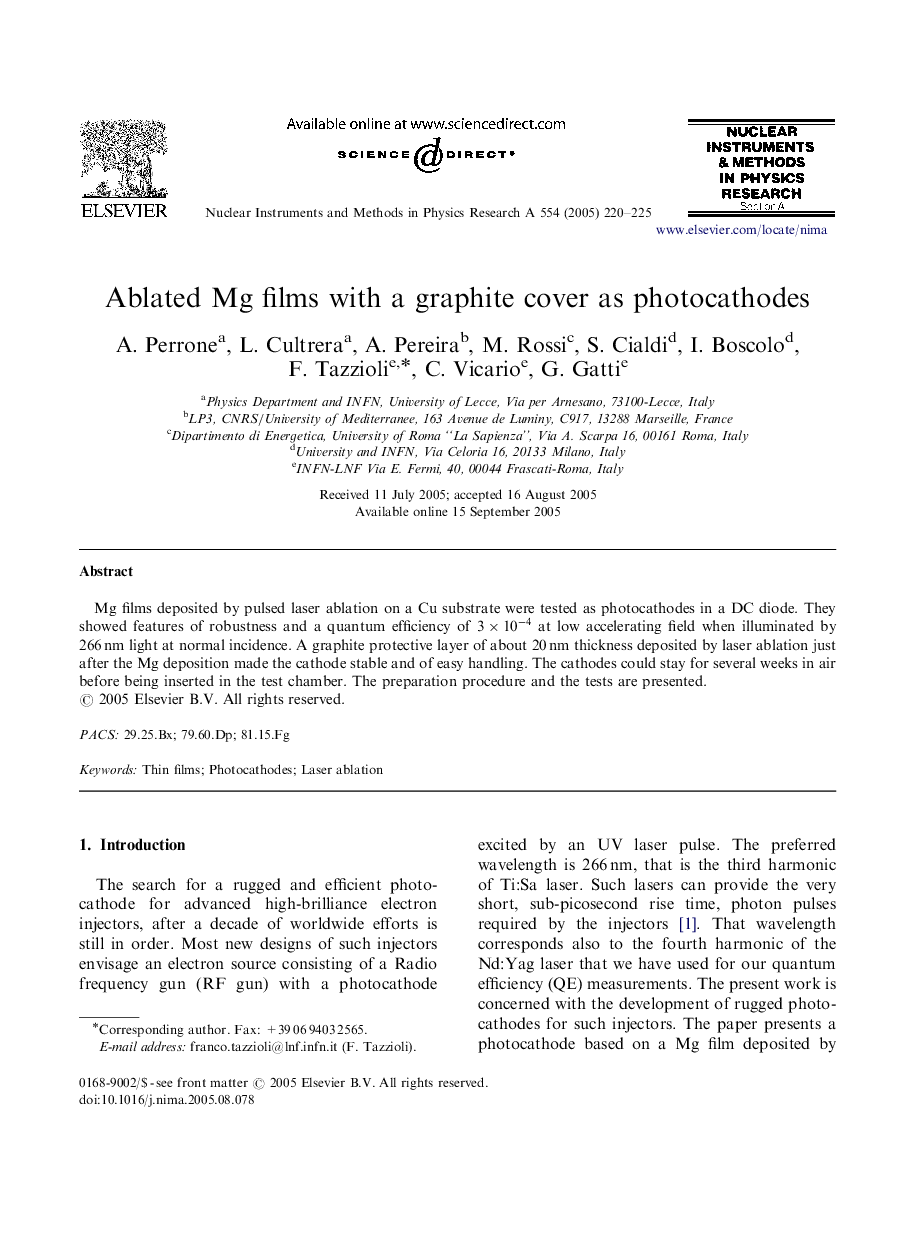 Ablated Mg films with a graphite cover as photocathodes