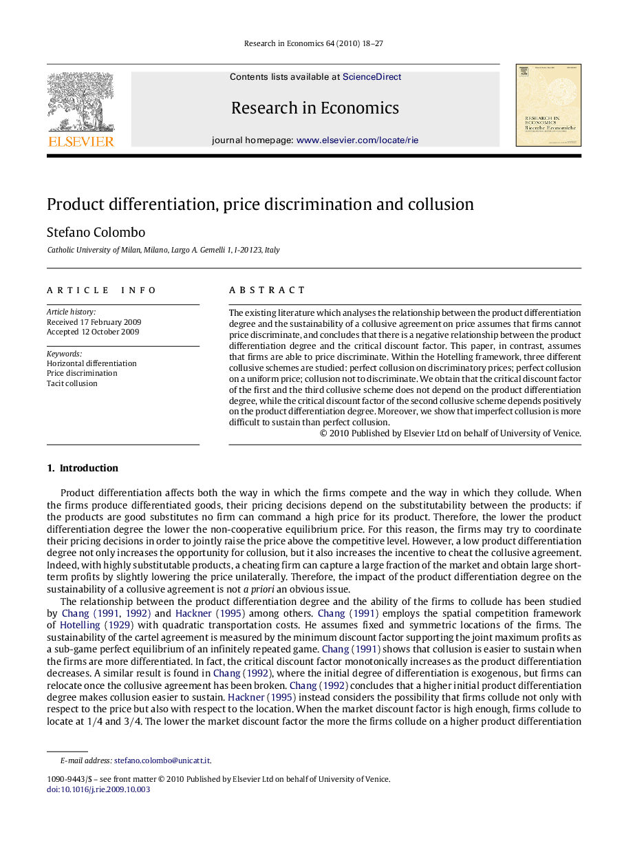 Product differentiation, price discrimination and collusion