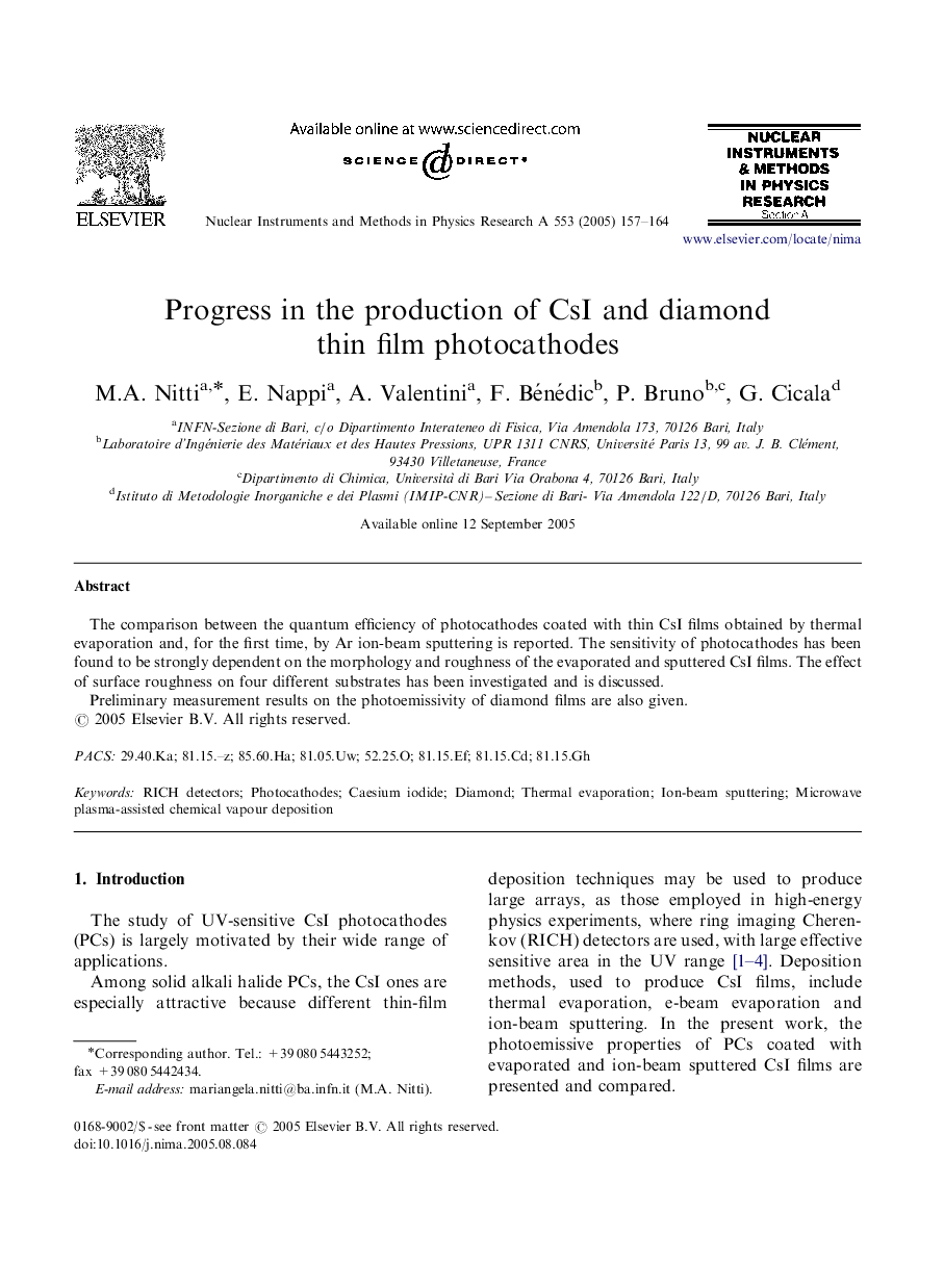 Progress in the production of CsI and diamond thin film photocathodes