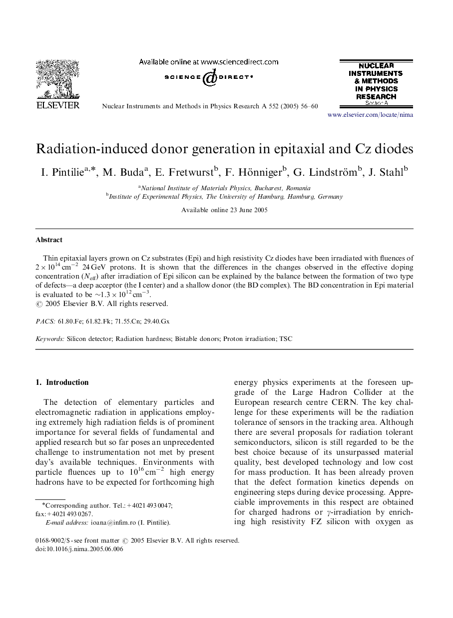 Radiation-induced donor generation in epitaxial and Cz diodes