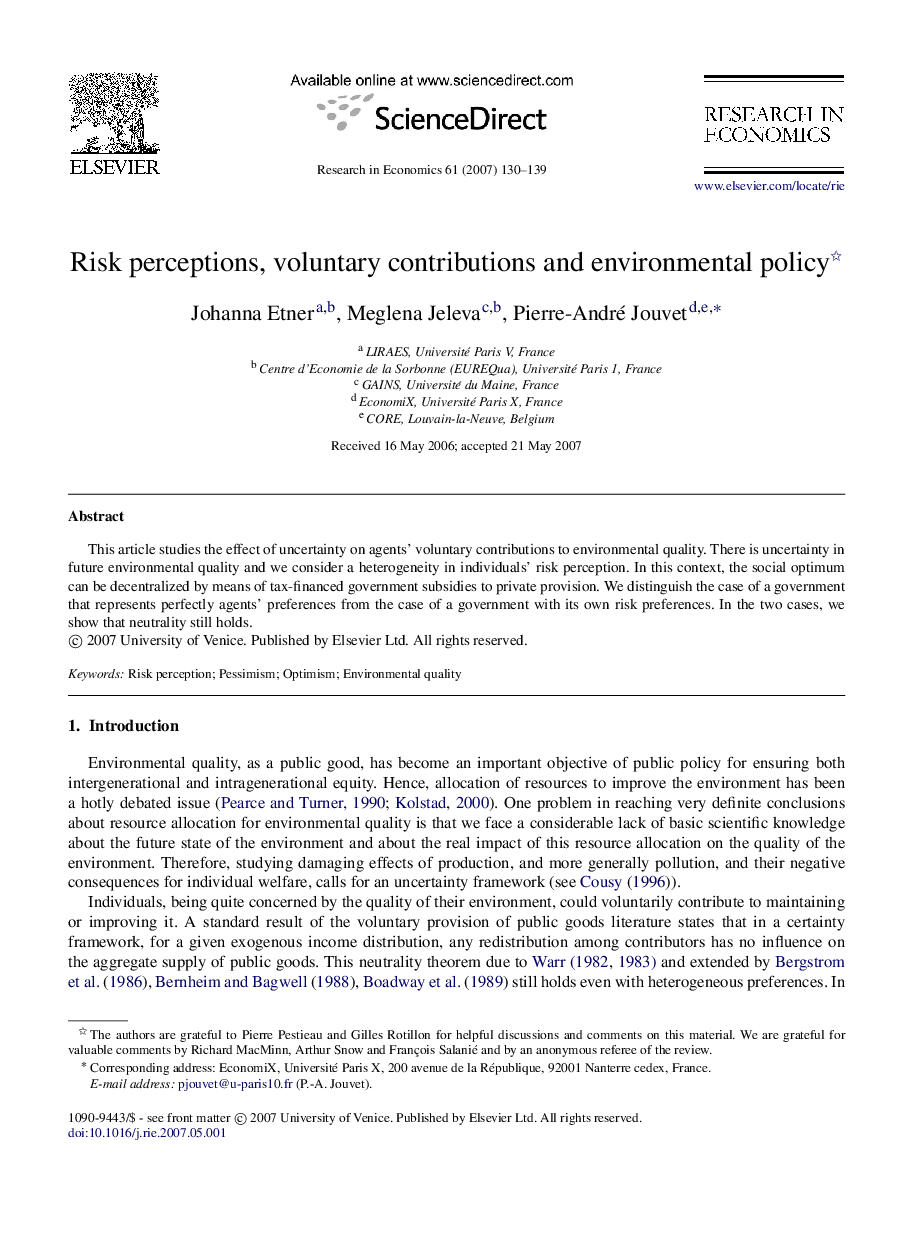 Risk perceptions, voluntary contributions and environmental policy