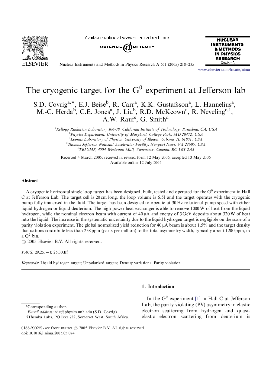 عکس صفحه اول مقاله: The cryogenic target for the G0 experiment at Jefferson lab The cryogenic target for the G0 experiment at Jefferson lab