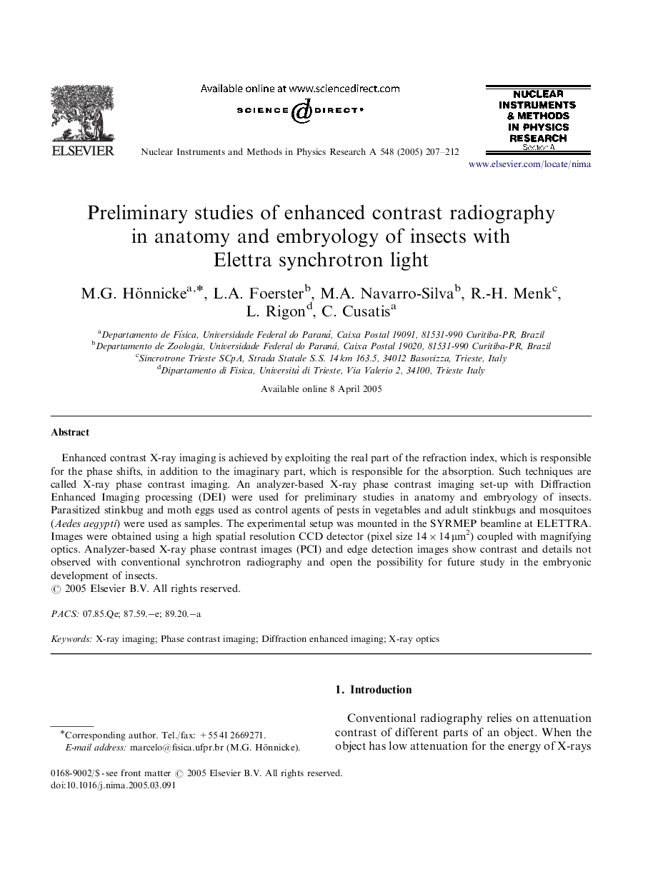 Preliminary studies of enhanced contrast radiography in anatomy and embryology of insects with Elettra synchrotron light