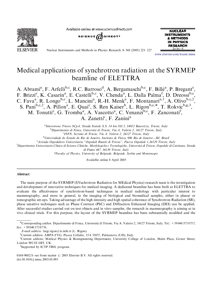 Medical applications of synchrotron radiation at the SYRMEP beamline of ELETTRA