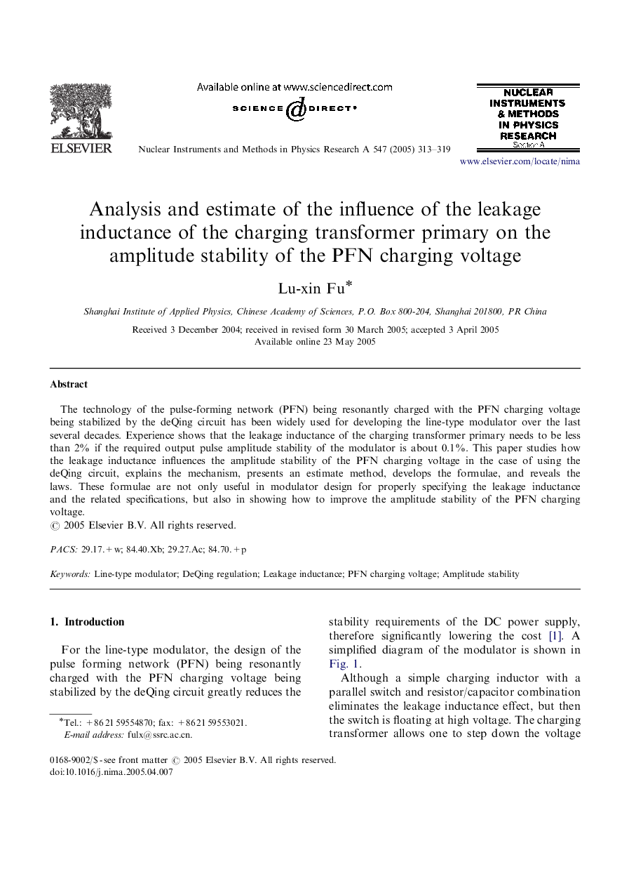 Analysis and estimate of the influence of the leakage inductance of the charging transformer primary on the amplitude stability of the PFN charging voltage