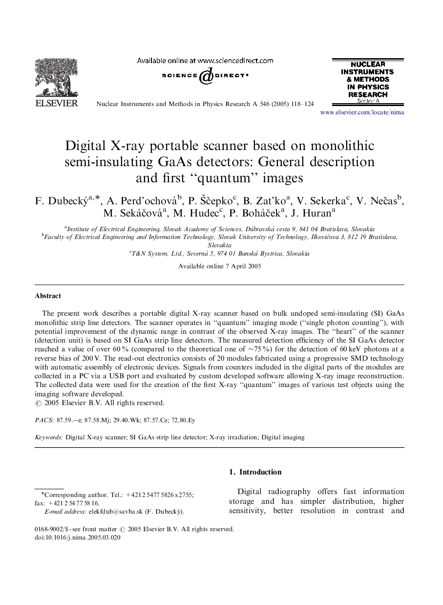 Digital X-ray portable scanner based on monolithic semi-insulating GaAs detectors: General description and first “quantum” images