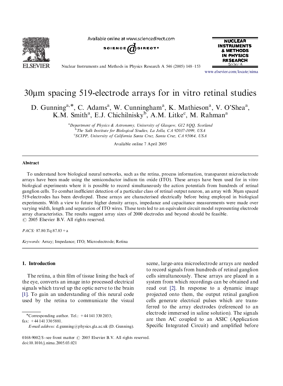 عکس صفحه اول مقاله: 30μm spacing 519-electrode arrays for in vitro retinal studies 30μm spacing 519-electrode arrays for in vitro retinal studies