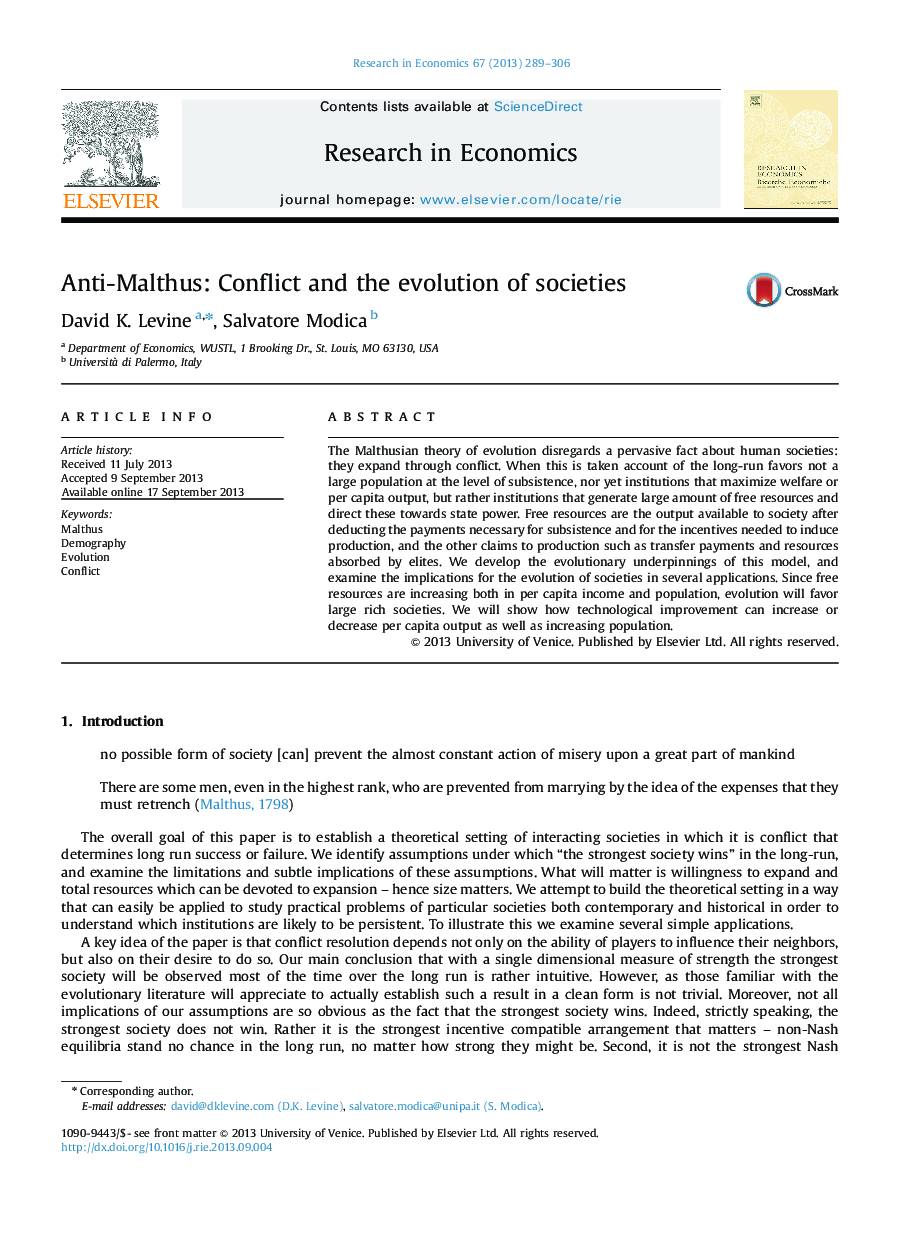 Anti-Malthus: Conflict and the evolution of societies