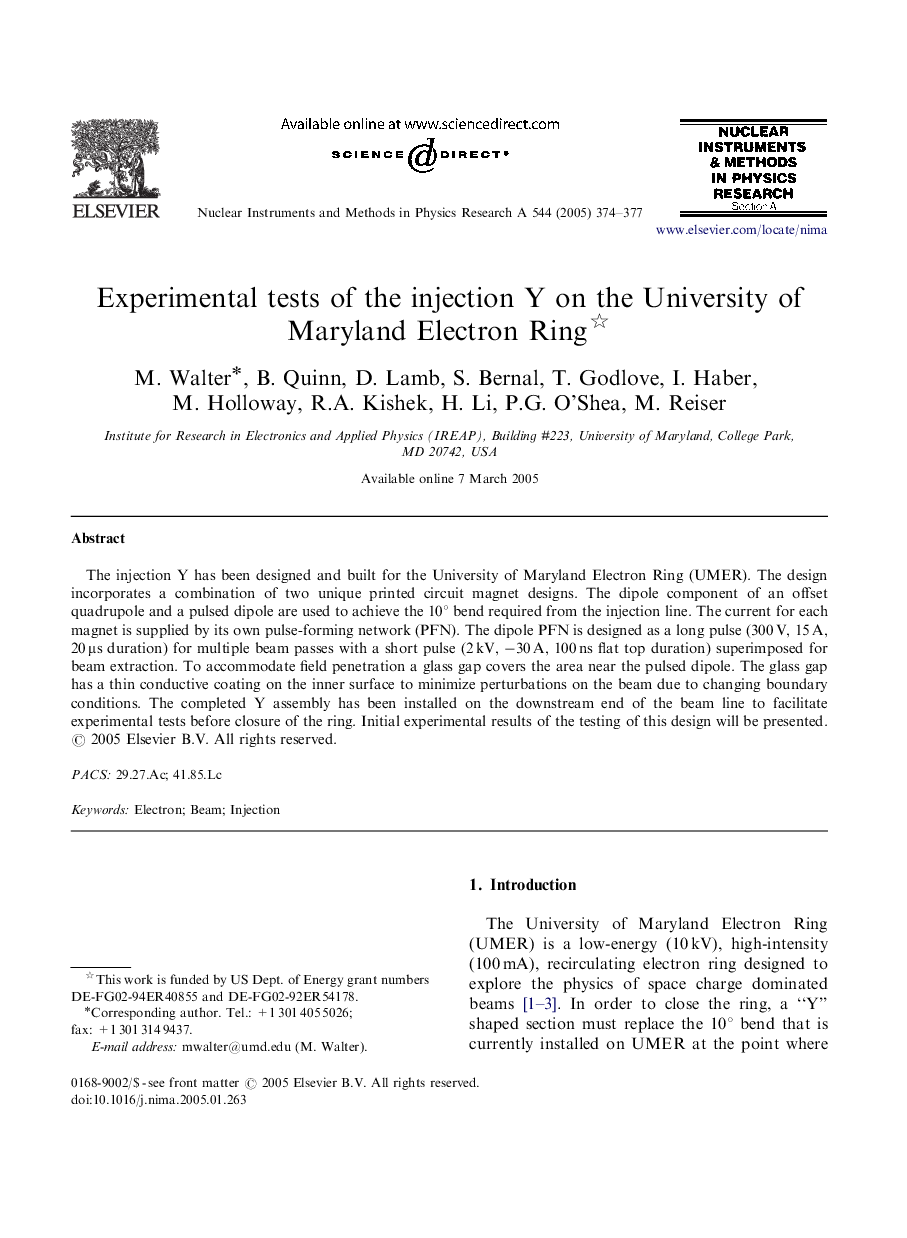Experimental tests of the injection Y on the University of Maryland Electron Ring