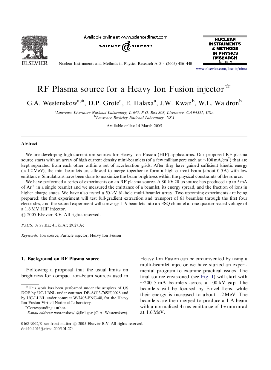 RF Plasma source for a Heavy Ion Fusion injector