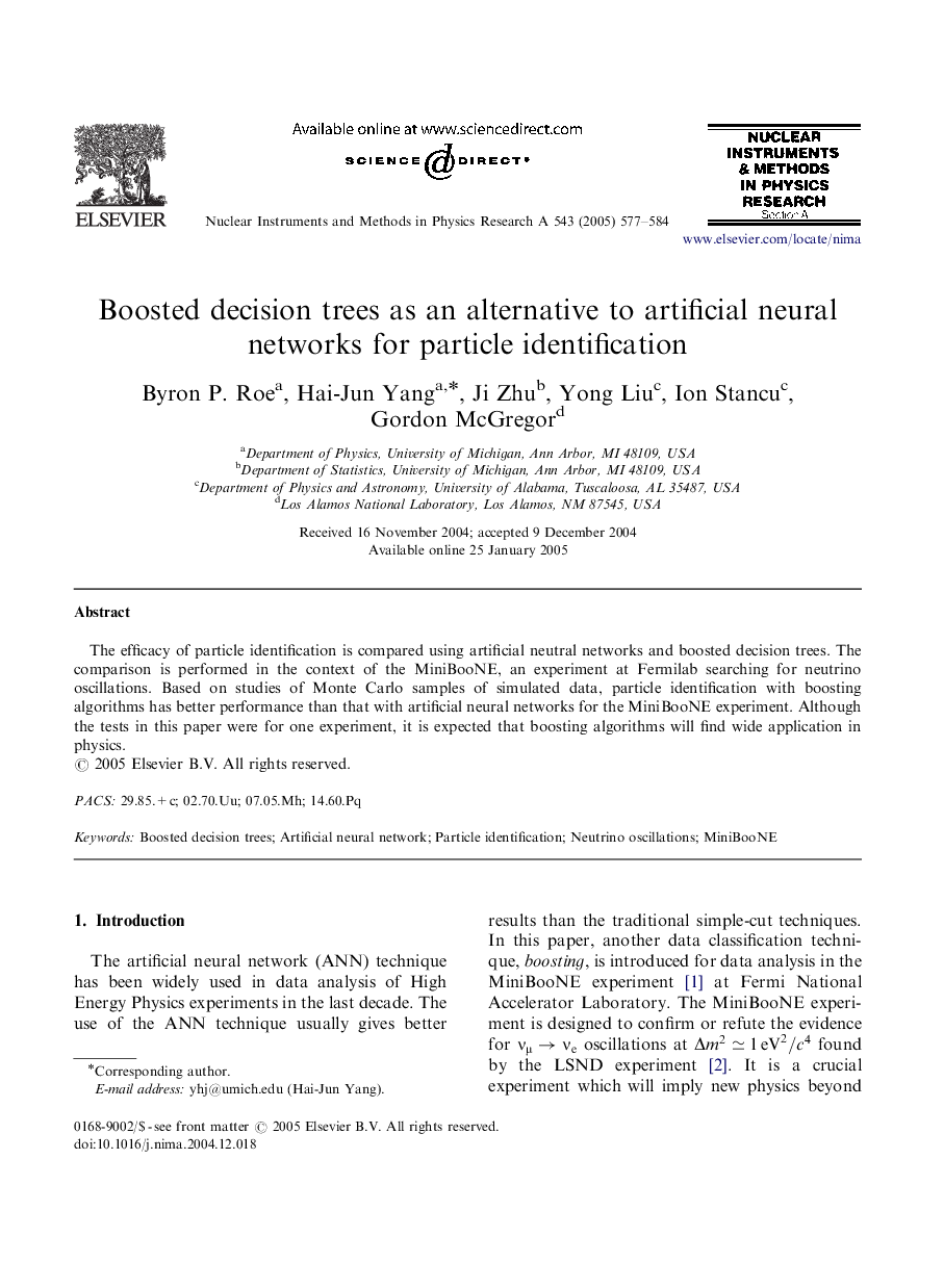 Boosted decision trees as an alternative to artificial neural networks for particle identification