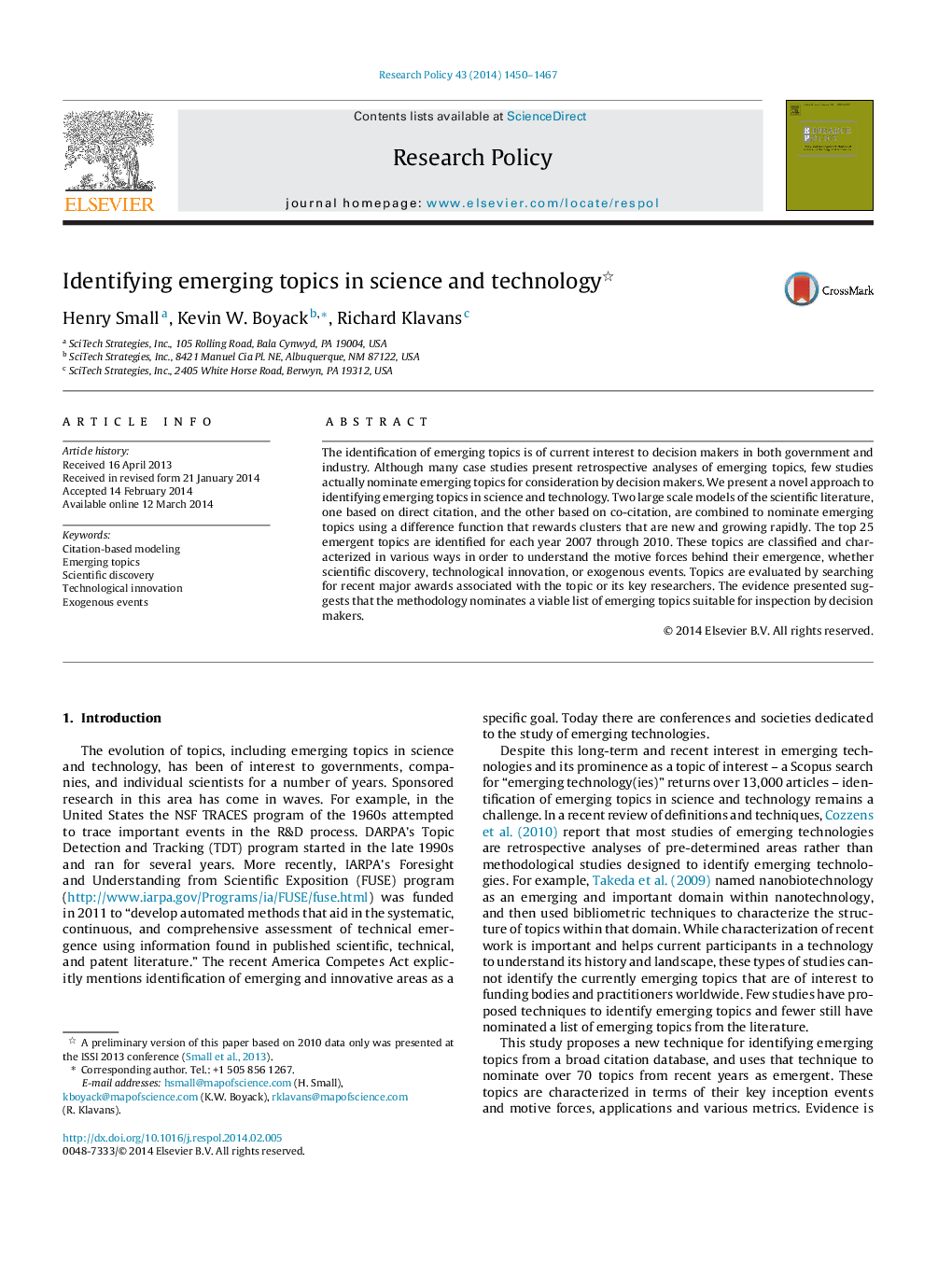 Identifying emerging topics in science and technology 