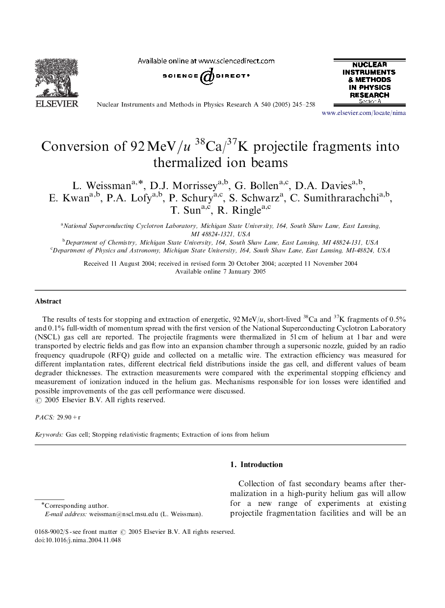 Conversion of 92MeV/u38Ca/37K projectile fragments into thermalized ion beams