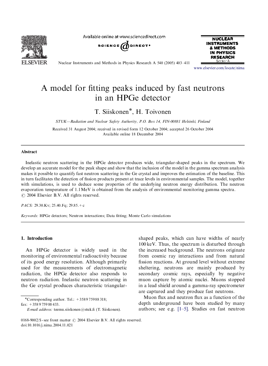 A model for fitting peaks induced by fast neutrons in an HPGe detector