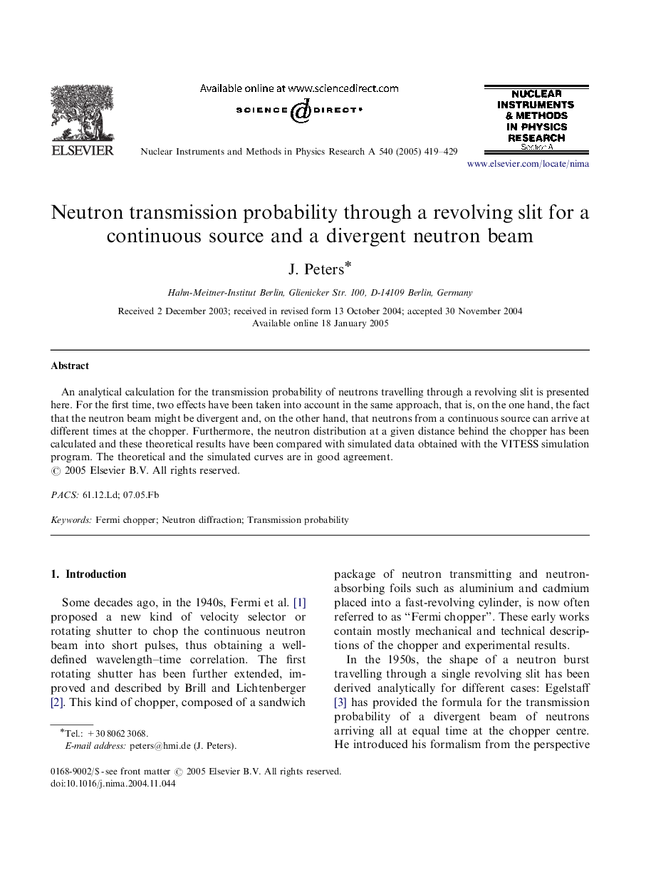 عکس صفحه اول مقاله: Neutron transmission probability through a revolving slit for a continuous source and a divergent neutron beam Neutron transmission probability through a revolving slit for a continuous source and a divergent neutron beam
