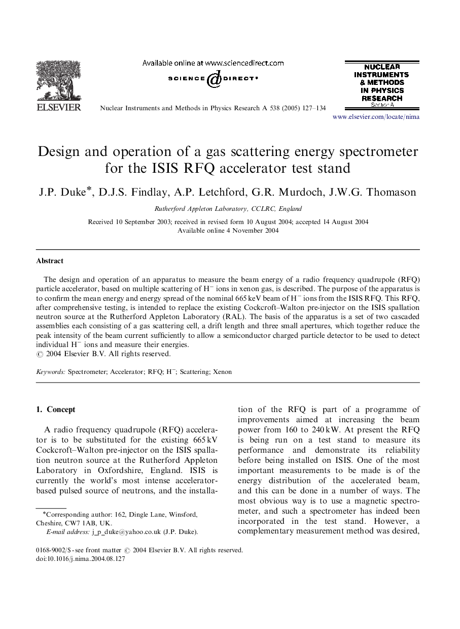 Design and operation of a gas scattering energy spectrometer for the ISIS RFQ accelerator test stand