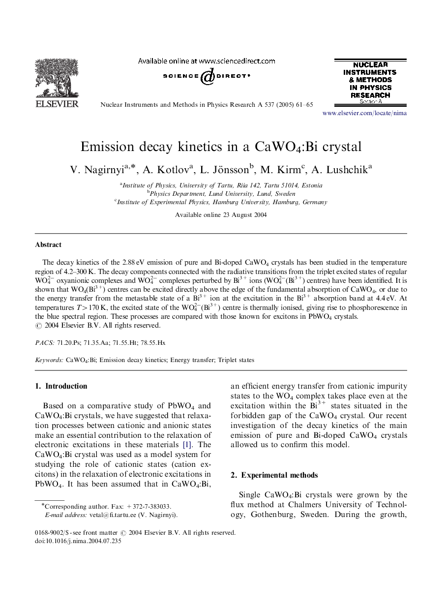 Emission decay kinetics in a CaWO4:Bi crystal