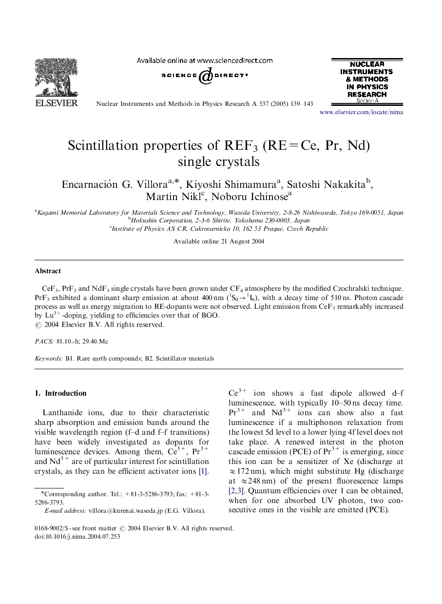 Scintillation properties of REF3 (RE=Ce, Pr, Nd) single crystals