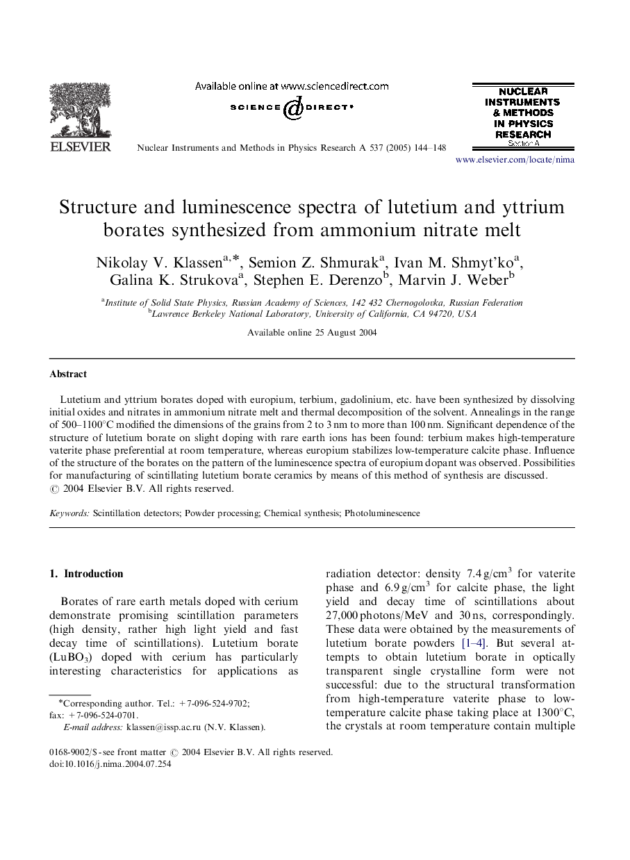 Structure and luminescence spectra of lutetium and yttrium borates synthesized from ammonium nitrate melt