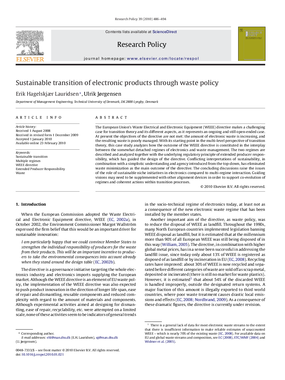 Sustainable transition of electronic products through waste policy