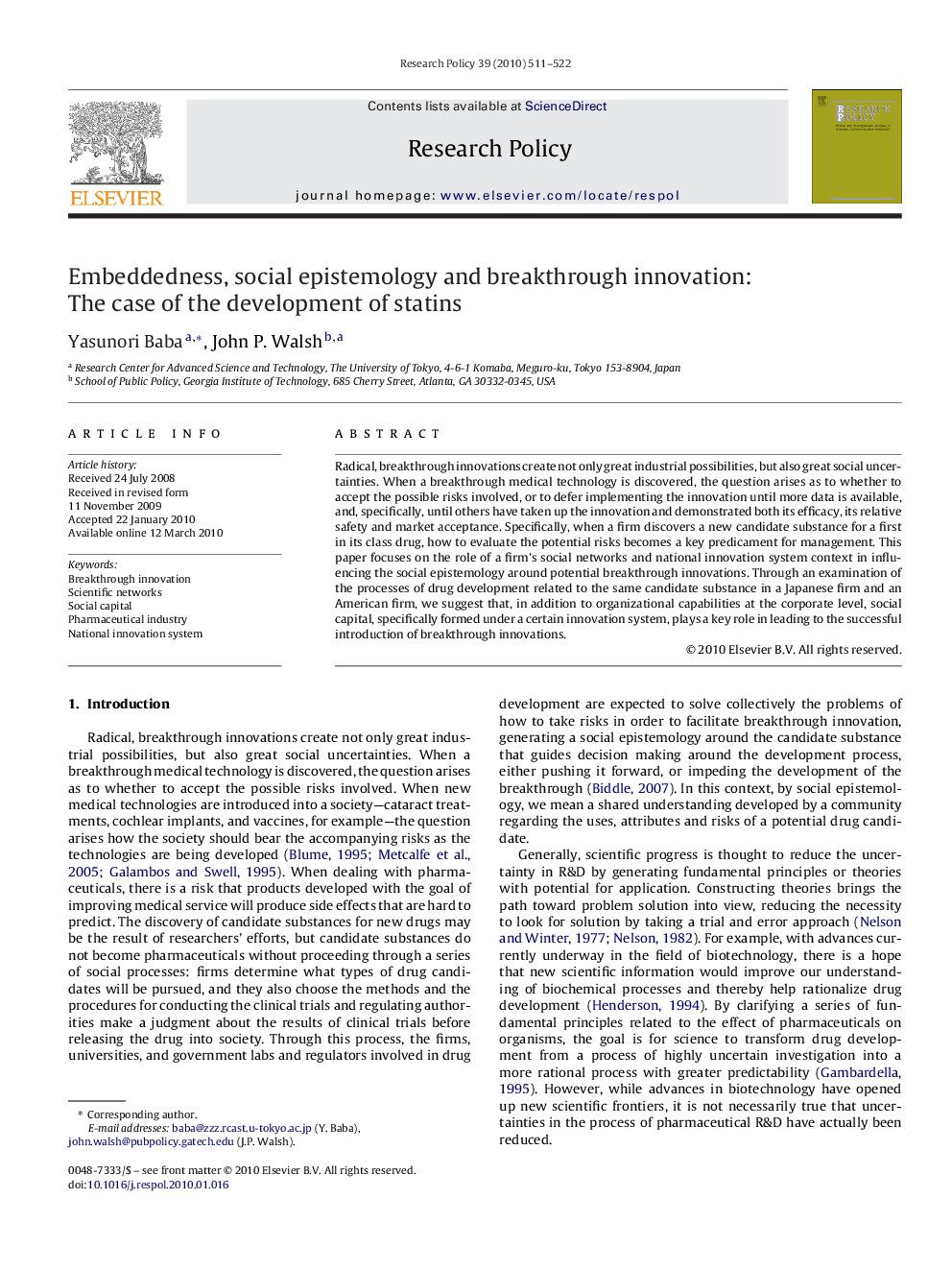 Embeddedness, social epistemology and breakthrough innovation: The case of the development of statins