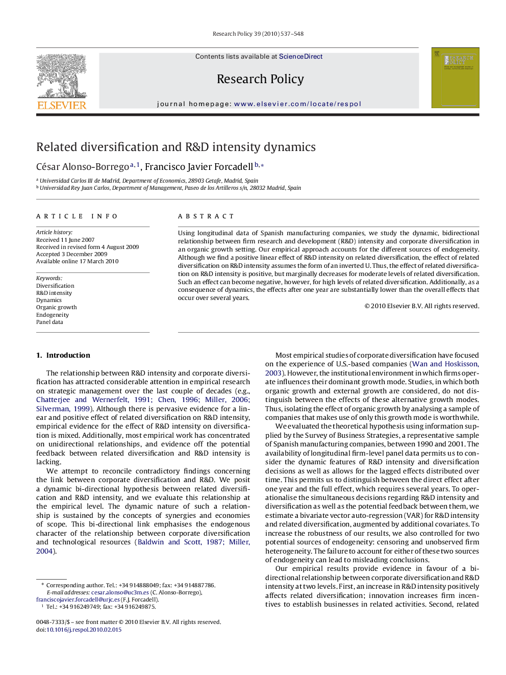 Related diversification and R&D intensity dynamics