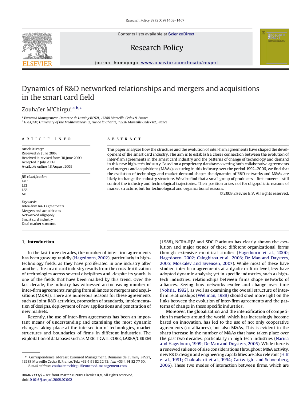 Dynamics of R&D networked relationships and mergers and acquisitions in the smart card field