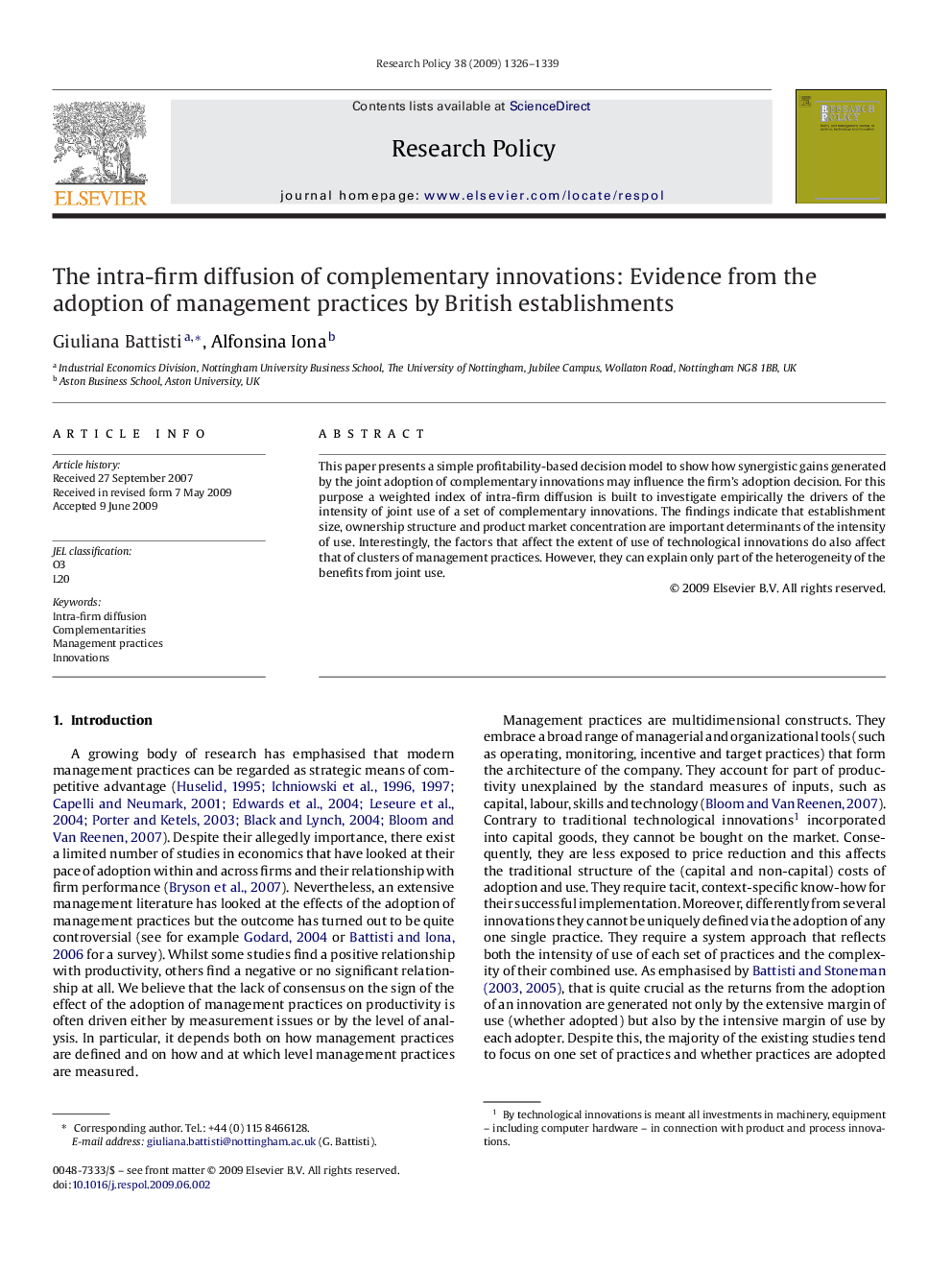 The intra-firm diffusion of complementary innovations: Evidence from the adoption of management practices by British establishments