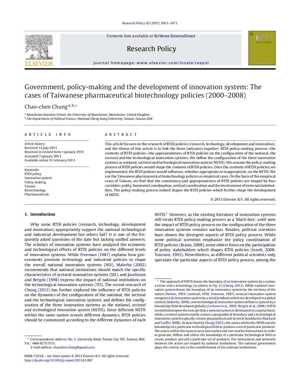 Government, policy-making and the development of innovation system: The cases of Taiwanese pharmaceutical biotechnology policies (2000–2008)