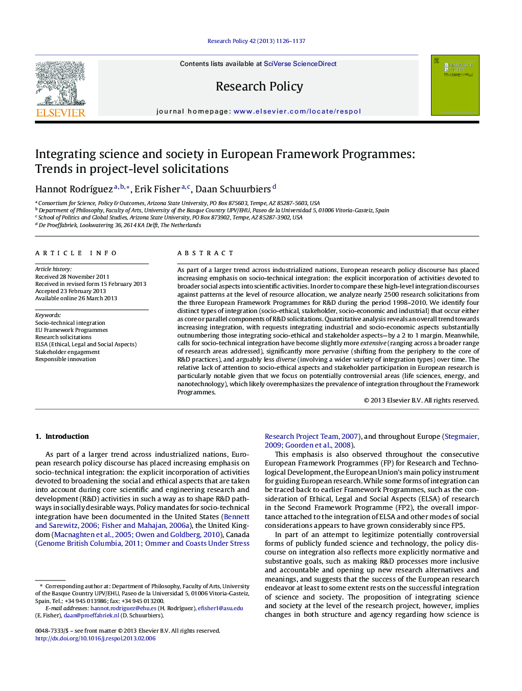 Integrating science and society in European Framework Programmes: Trends in project-level solicitations