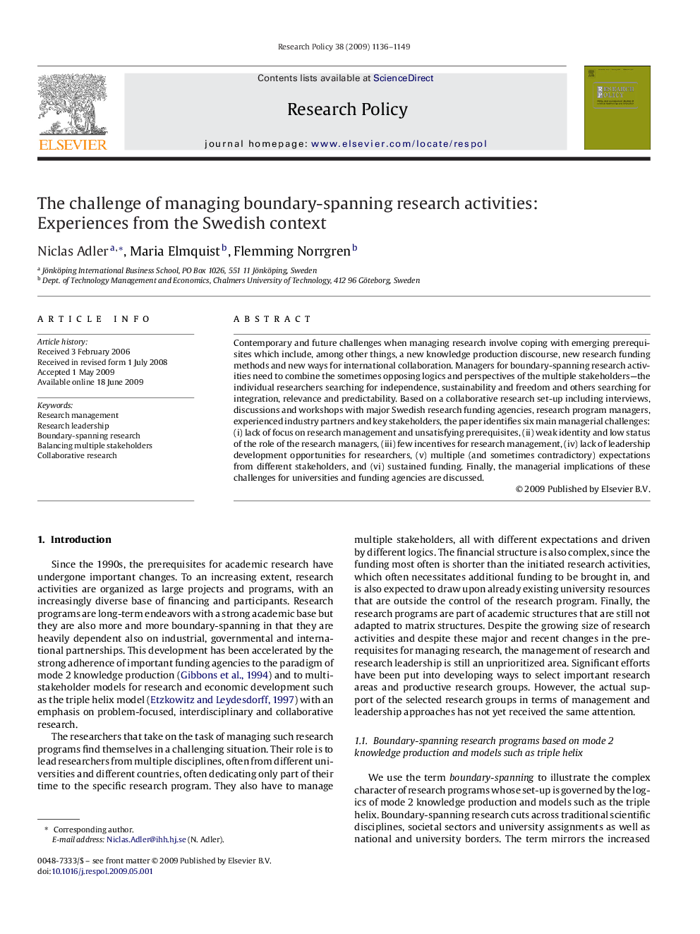 The challenge of managing boundary-spanning research activities: Experiences from the Swedish context