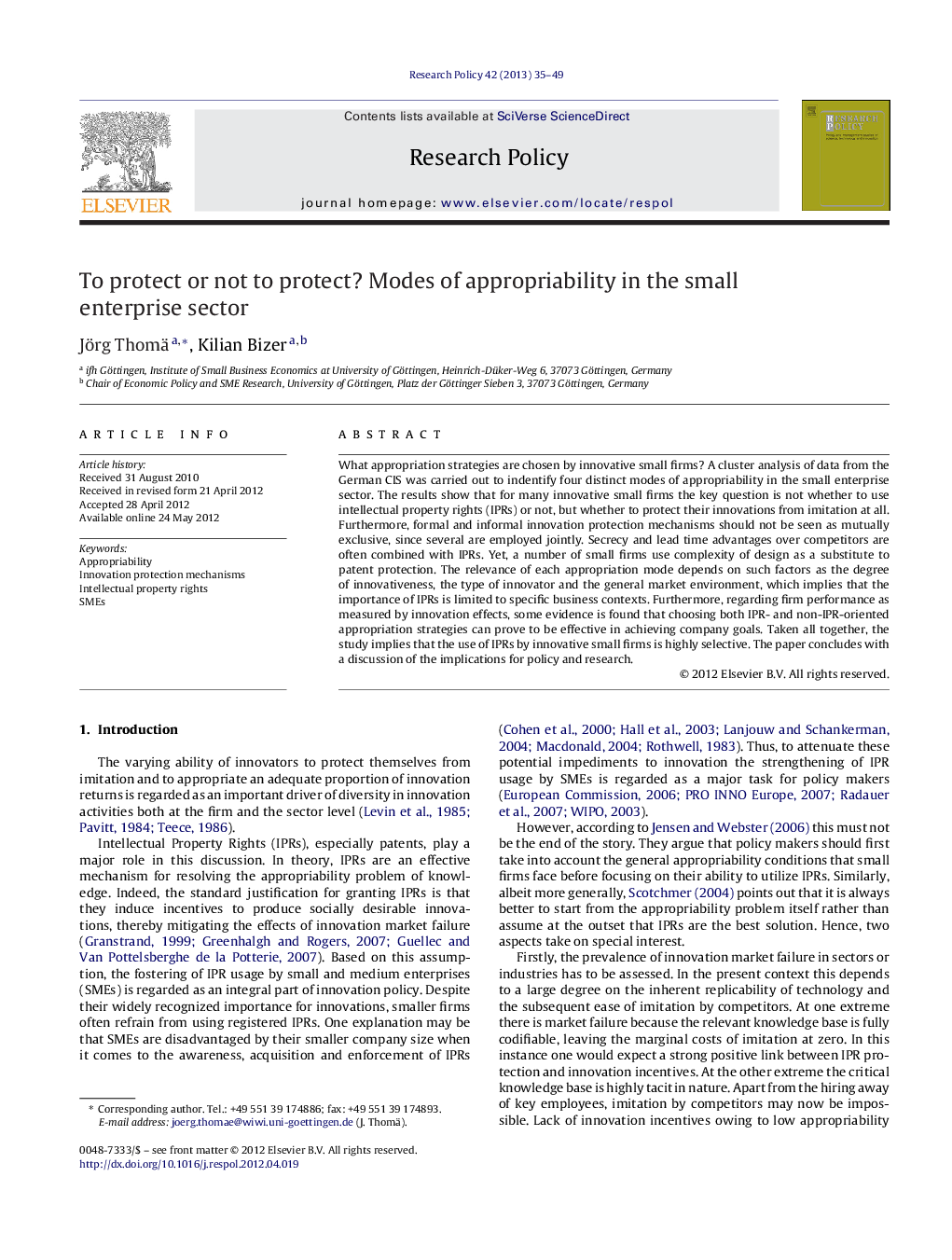 To protect or not to protect? Modes of appropriability in the small enterprise sector