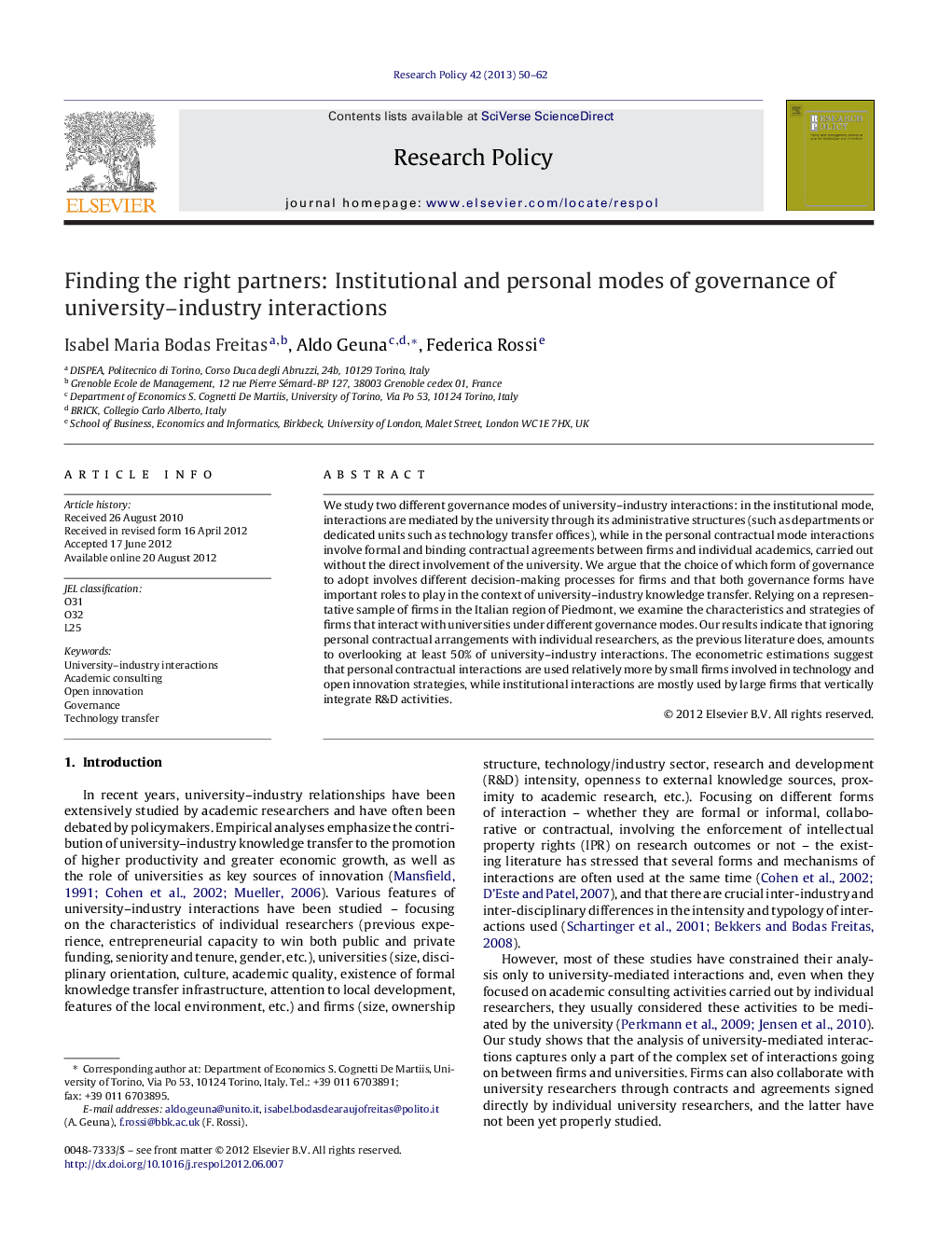 Finding the right partners: Institutional and personal modes of governance of university–industry interactions