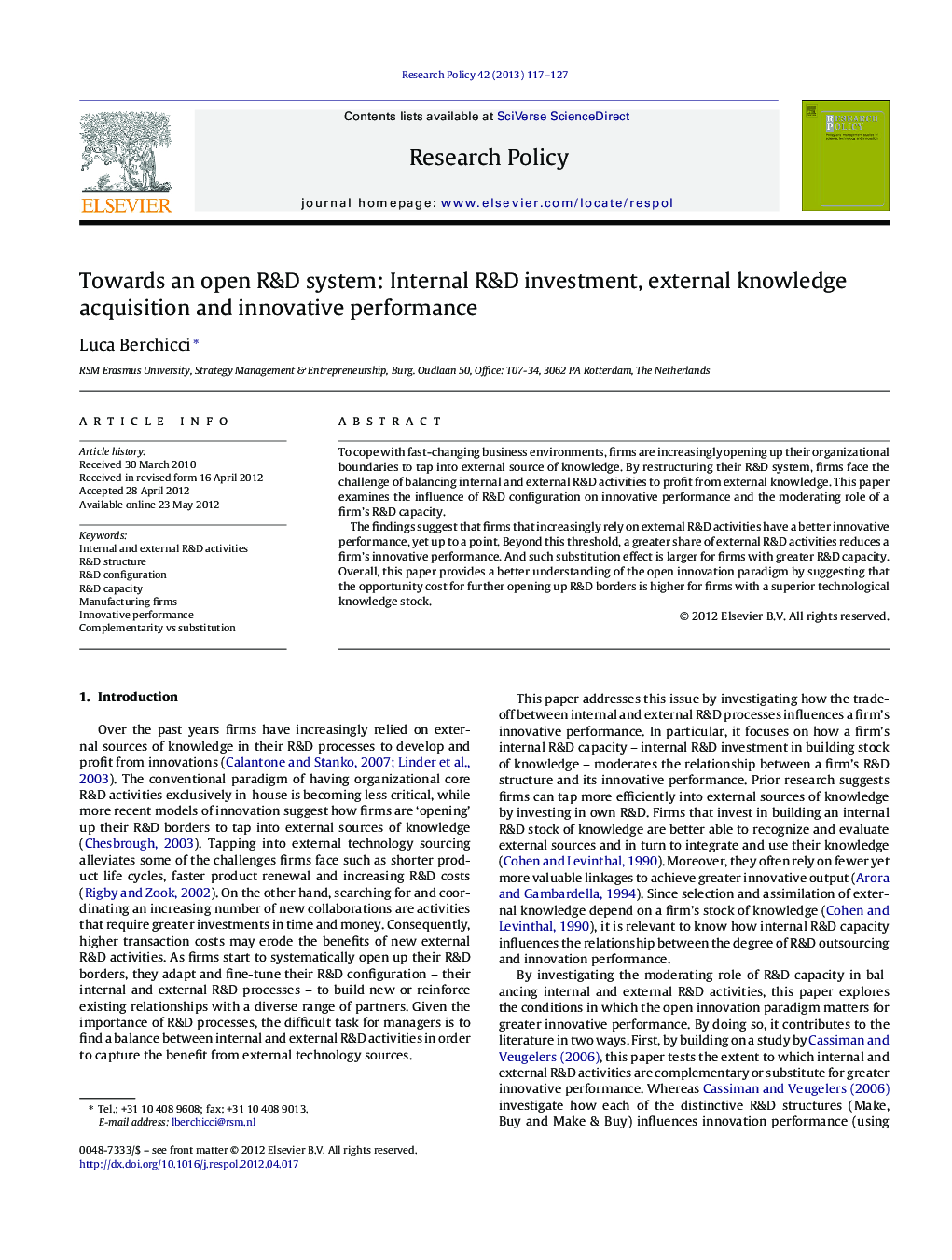 Towards an open R&D system: Internal R&D investment, external knowledge acquisition and innovative performance