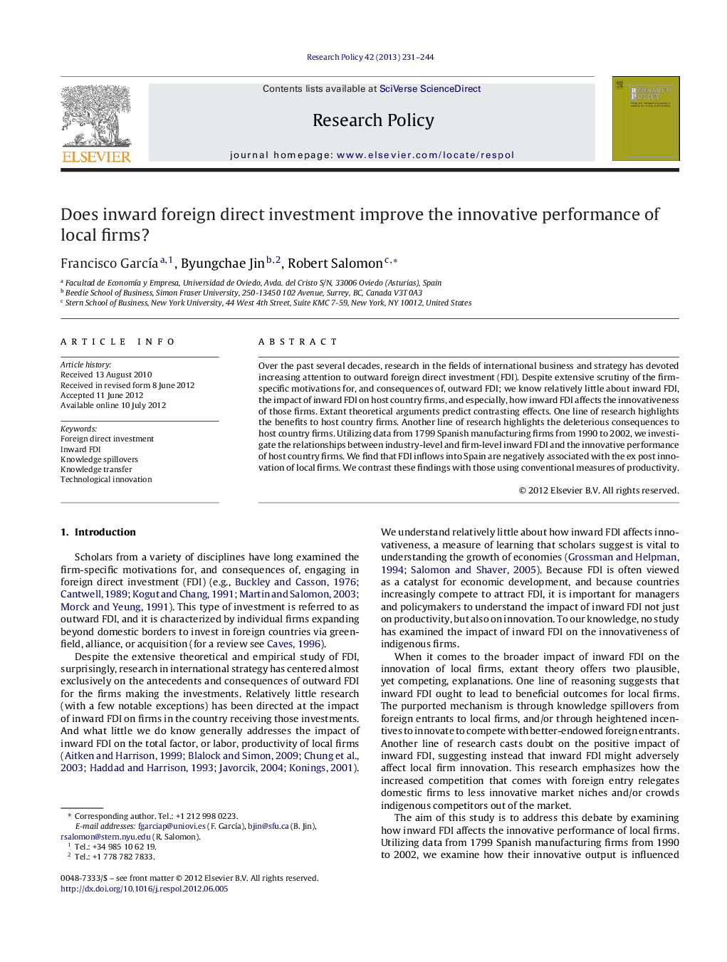 Does inward foreign direct investment improve the innovative performance of local firms?