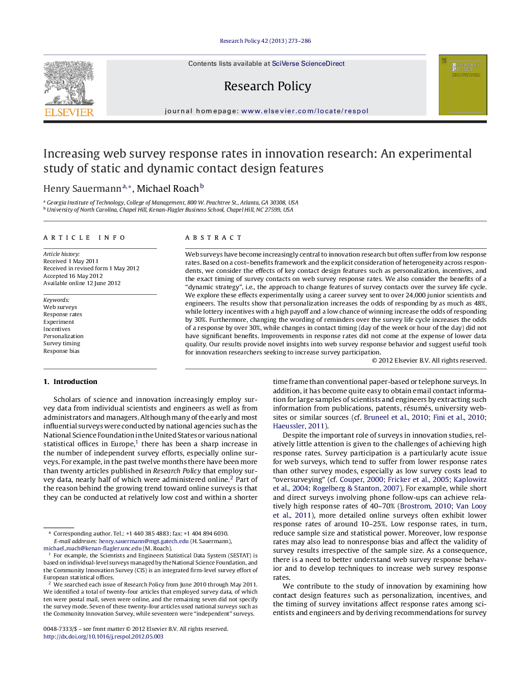 Increasing web survey response rates in innovation research: An experimental study of static and dynamic contact design features