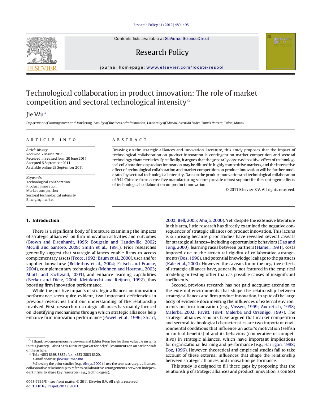 Technological collaboration in product innovation: The role of market competition and sectoral technological intensity 