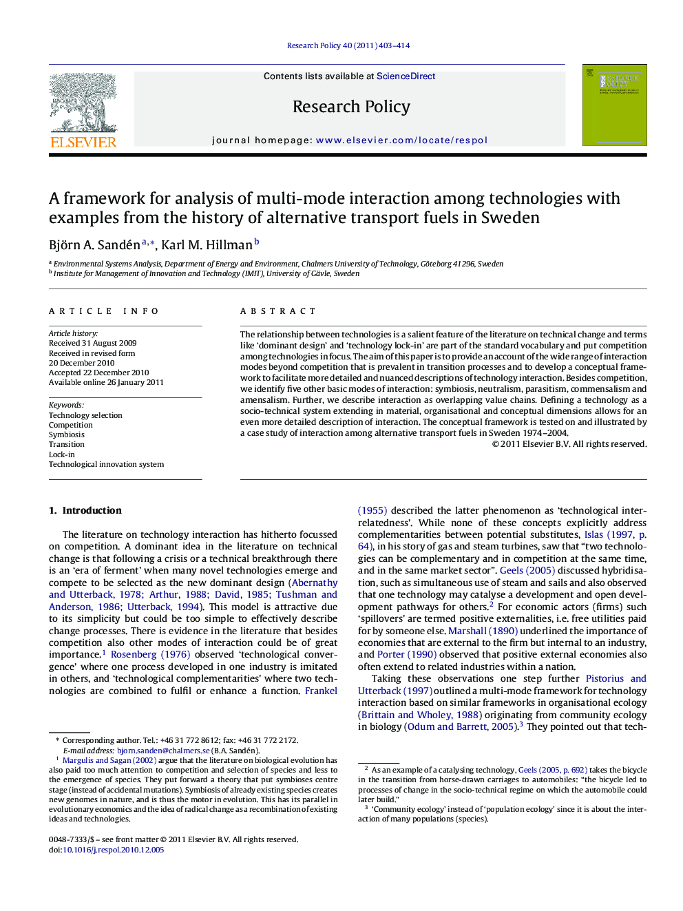 A framework for analysis of multi-mode interaction among technologies with examples from the history of alternative transport fuels in Sweden