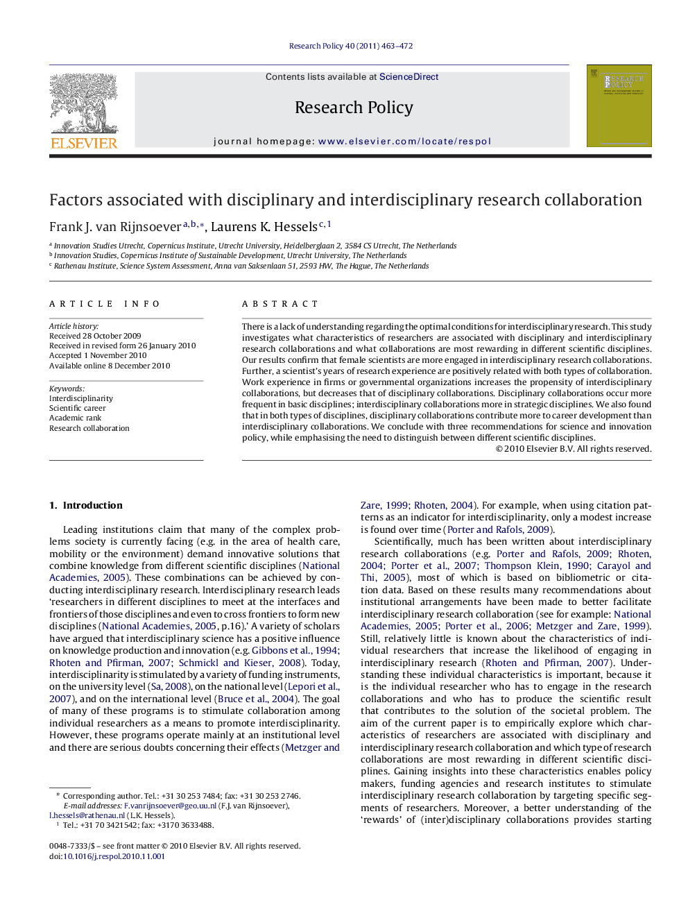 Factors associated with disciplinary and interdisciplinary research collaboration