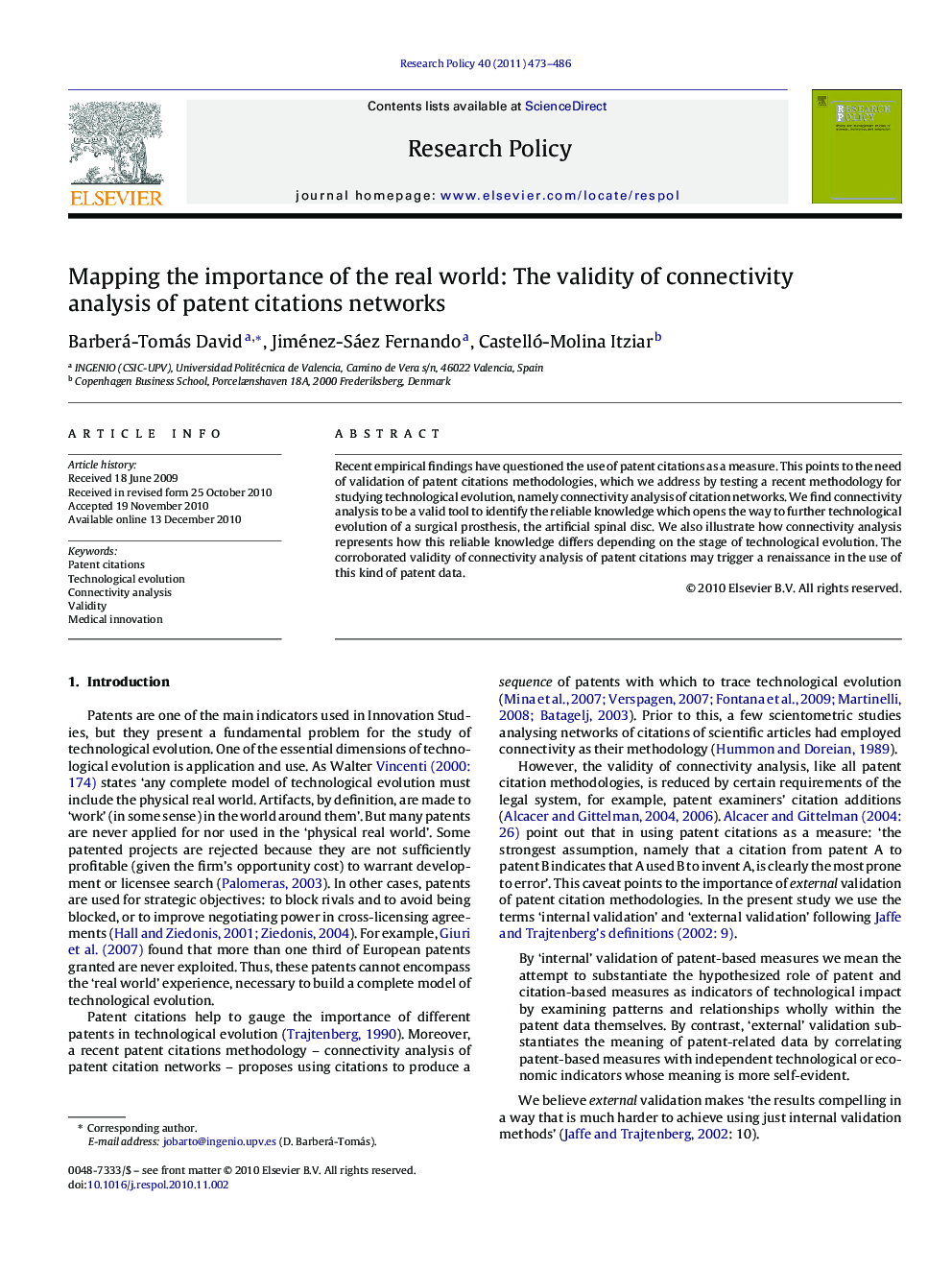 Mapping the importance of the real world: The validity of connectivity analysis of patent citations networks