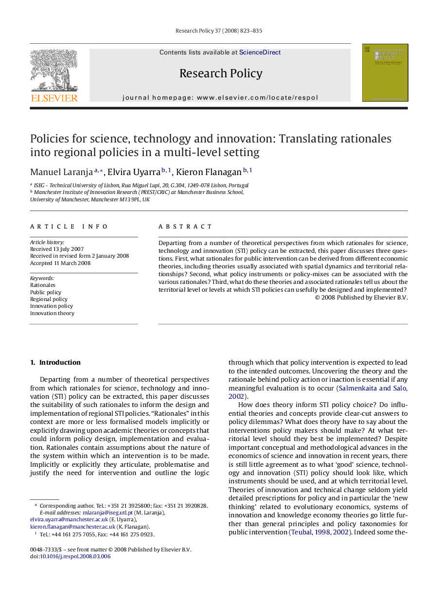 Policies for science, technology and innovation: Translating rationales into regional policies in a multi-level setting