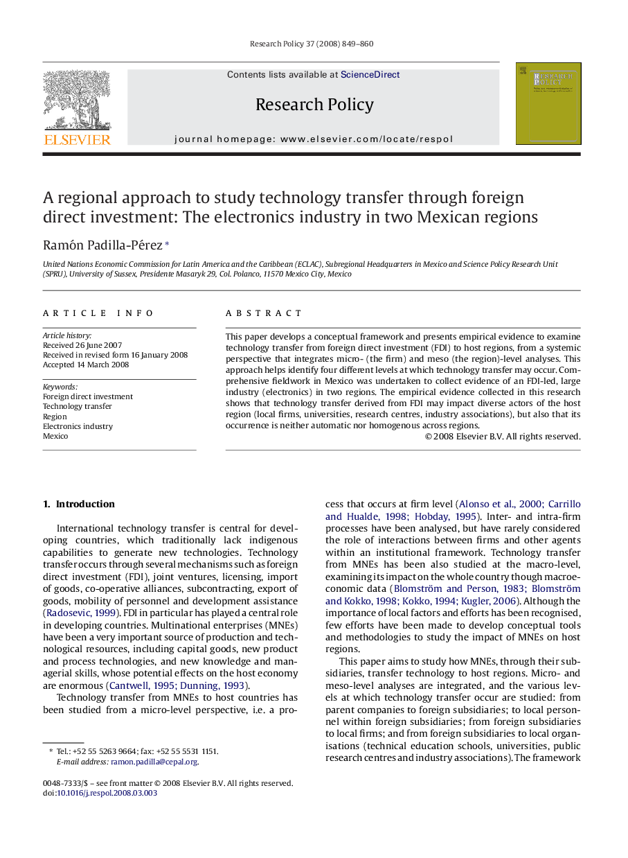 A regional approach to study technology transfer through foreign direct investment: The electronics industry in two Mexican regions