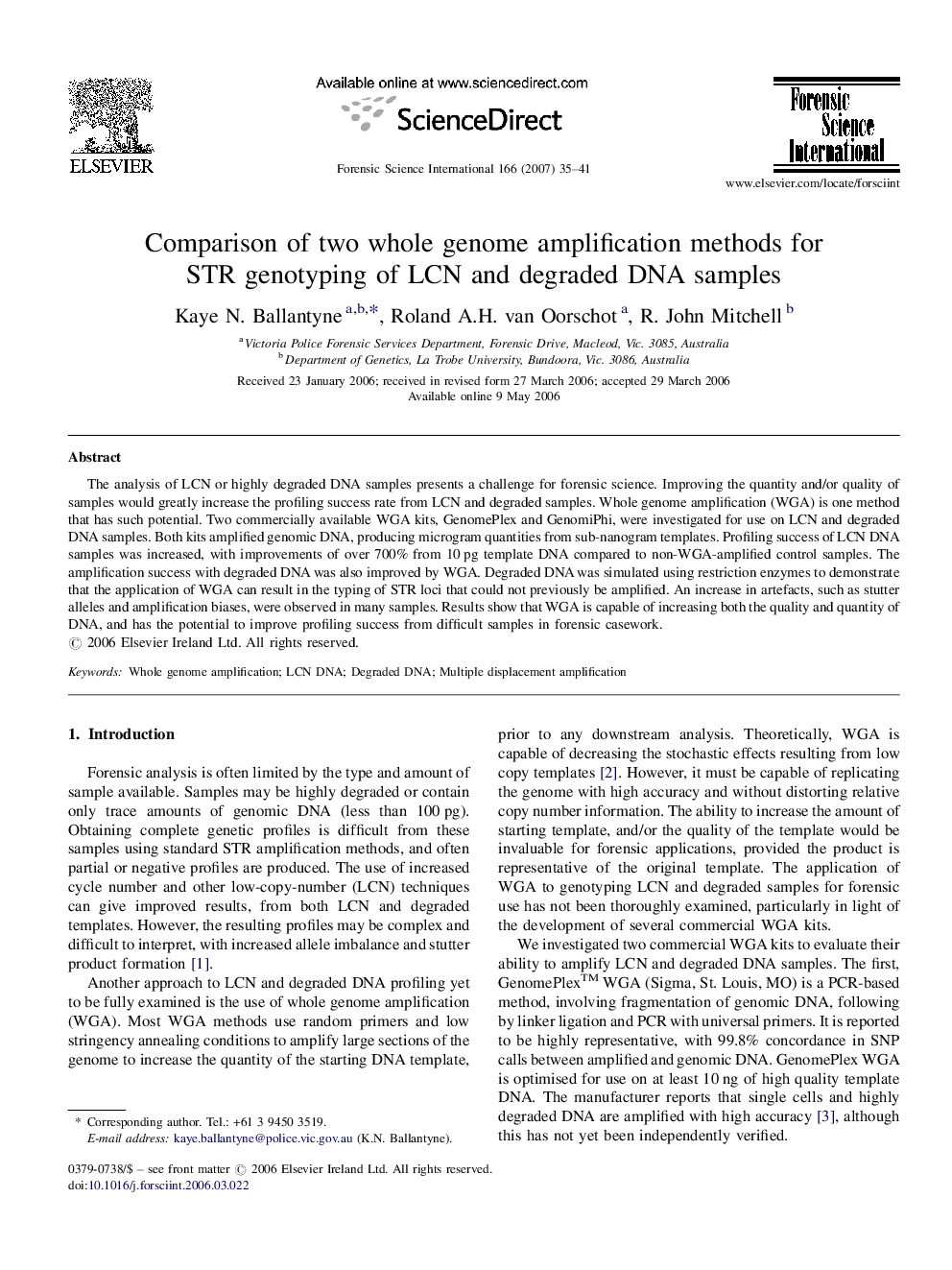 Comparison of two whole genome amplification methods for STR genotyping of LCN and degraded DNA samples