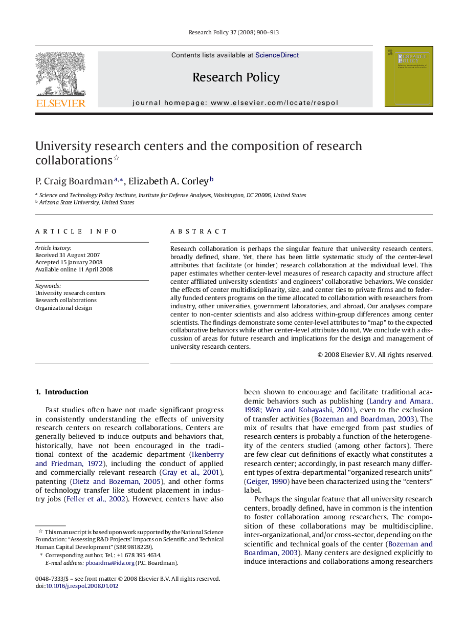 University research centers and the composition of research collaborations 