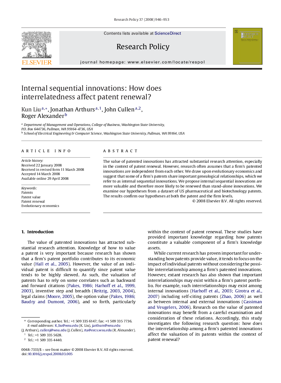 Internal sequential innovations: How does interrelatedness affect patent renewal?