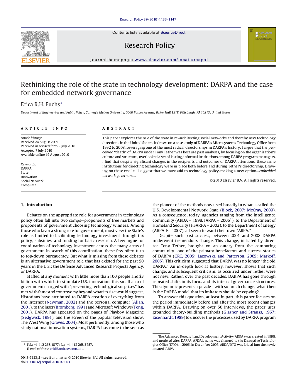 Rethinking the role of the state in technology development: DARPA and the case for embedded network governance