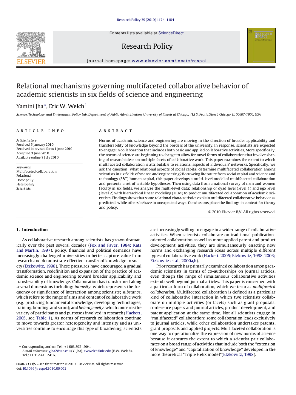 Relational mechanisms governing multifaceted collaborative behavior of academic scientists in six fields of science and engineering