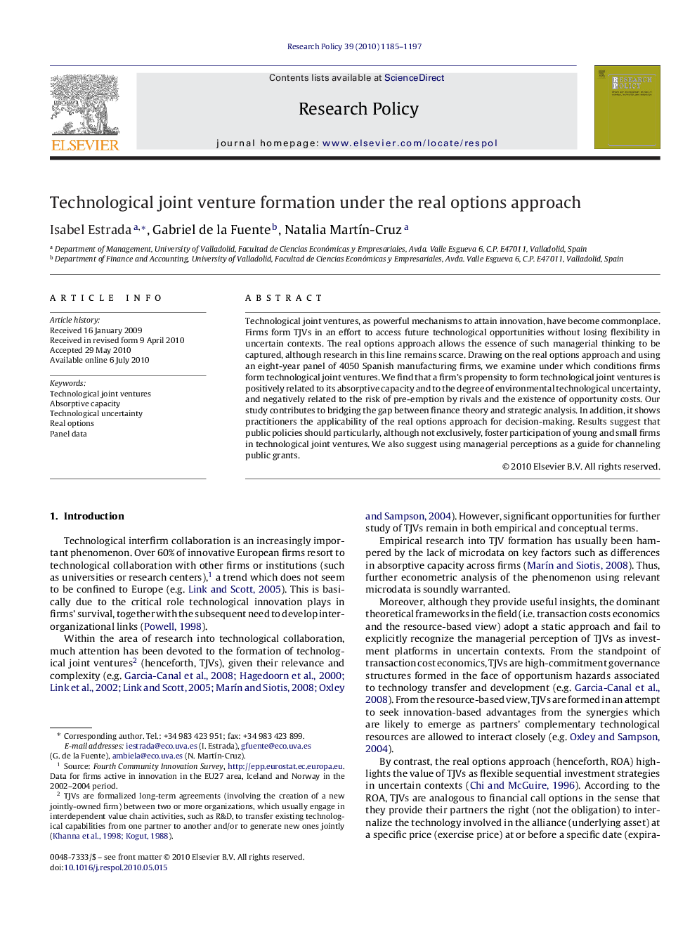 Technological joint venture formation under the real options approach