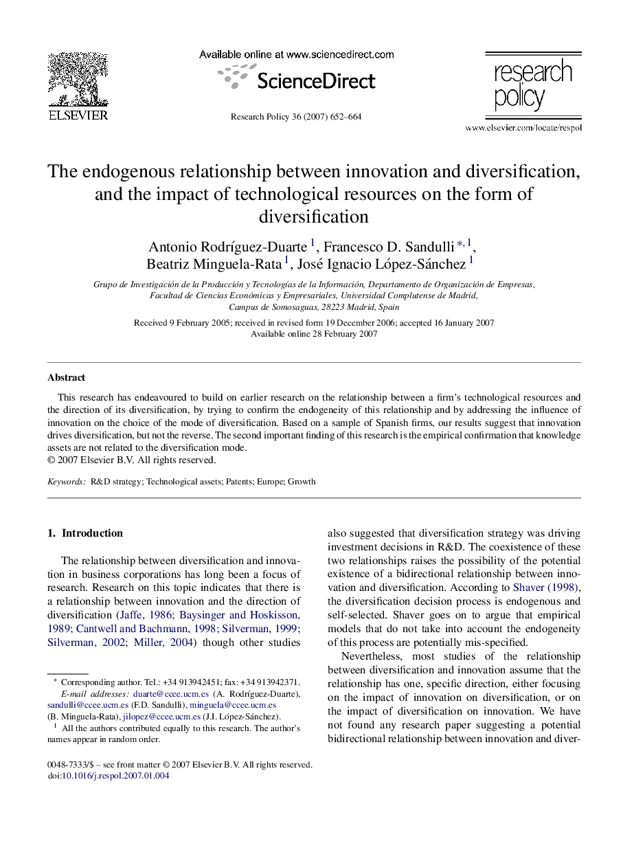 The endogenous relationship between innovation and diversification, and the impact of technological resources on the form of diversification